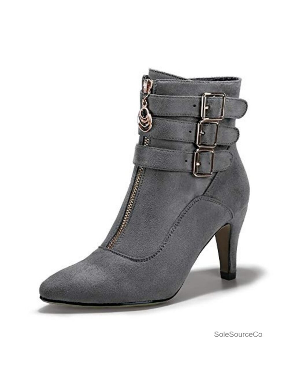 Pointed Toe Kitten Heel Ankle Booties Side Zip Buckle Strap Short Boots
